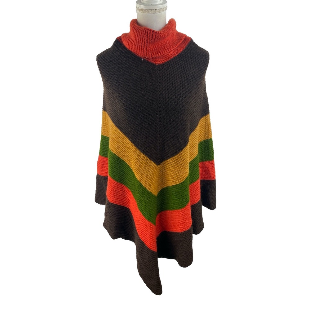 60s 70s Vtg Colorblock Cape Poncho Knit Turtleneck Boho Hippie Festival Mod OOAK